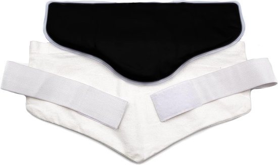 Zwart moorkussen met een witte katoenen hoes en verstelbare witte klittenbanden.