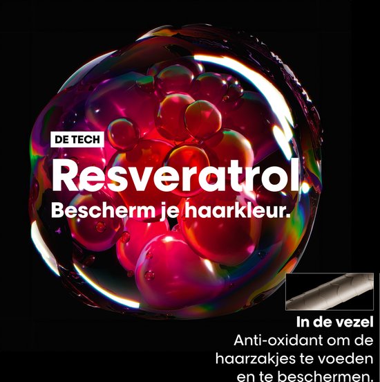 Image abstraite avec des bulles dans des tons rouge-pourpre. Texte : "Resveratrol. Protégez la couleur de vos cheveux." et "Dans la fibre Anti-oxydant pour nourrir et protéger les follicules pileux."