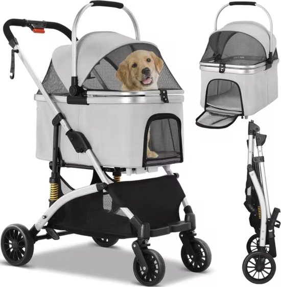 Foto: Hondenbuggy luxe huisdieren buggy buggy hondenwagen honden en katten opvouwbaar met opbergruimte zilver grijs