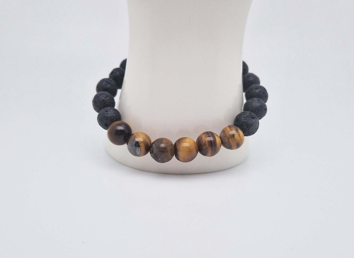 Handgemaakte "Armband Vulkanische" natuurstenen armband “Lava Donker - Tijgeroog” - 10 mm diameter van de korrel- Diameter armband 20 cm - Een mooi cadeau voor familie en vrienden
