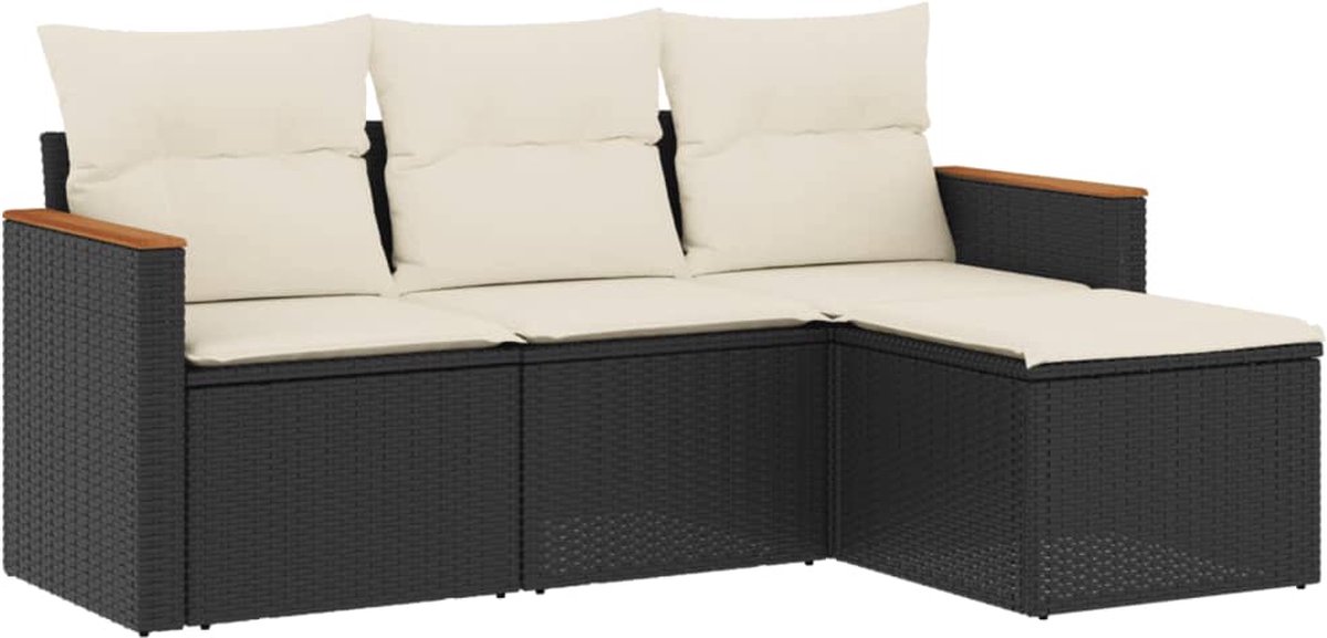 Loungeset van poly rattan in zwart met kussens - Tuinmeubilair.