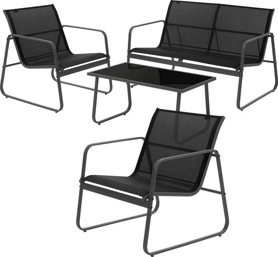 Gecheer 3-delige tuinset voor 2 personen, balkonmeubelset, zitgroep tafel en 2 stoelen met zitkussen, terrasmeubels, tuinmeubelen, zwart