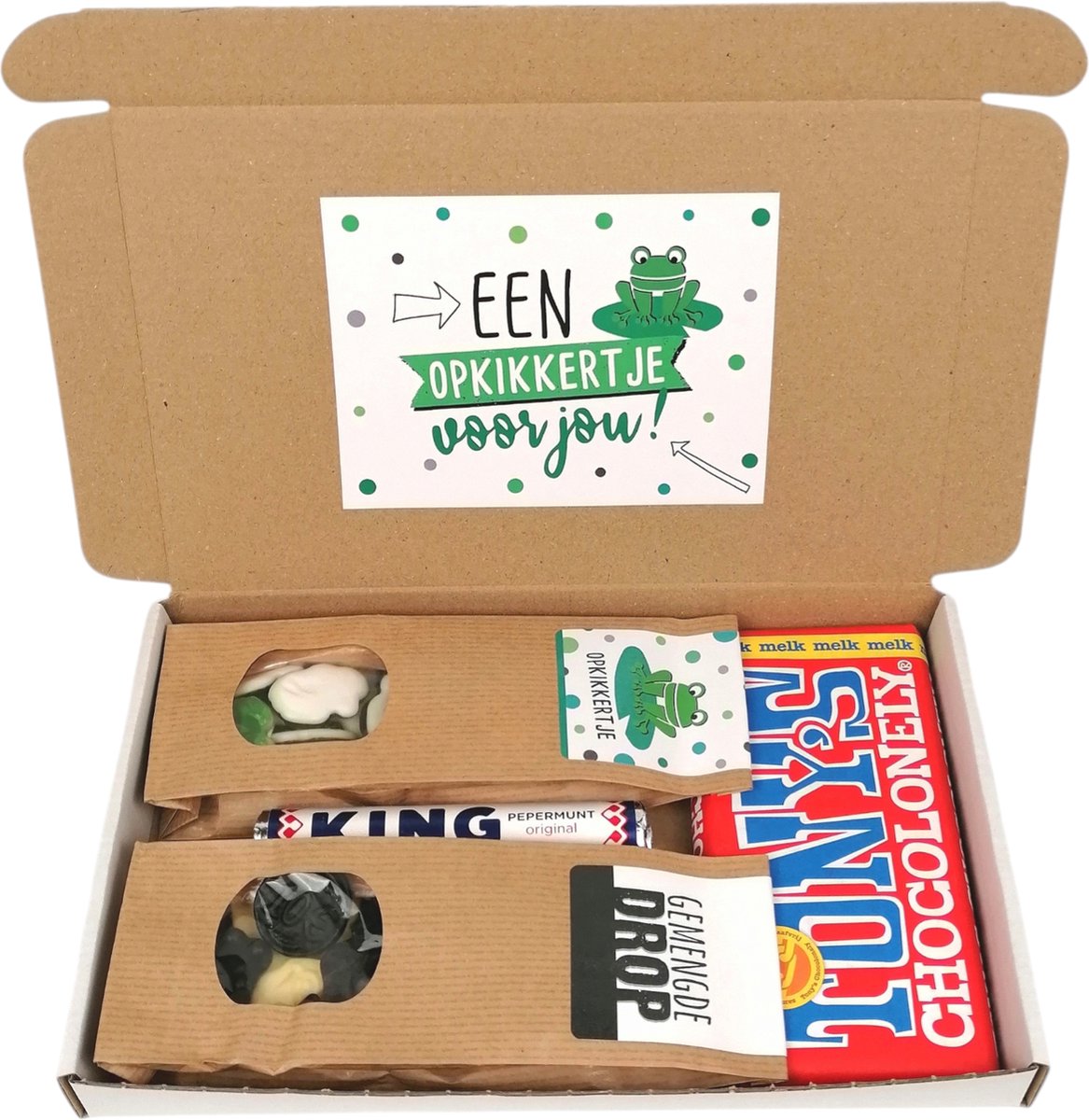 Opkikkertje brievenbus cadeau - Een opkikkertje voor jou - Snoepkikkers - Tony Chocolonely -Dropmix - King pepermunt