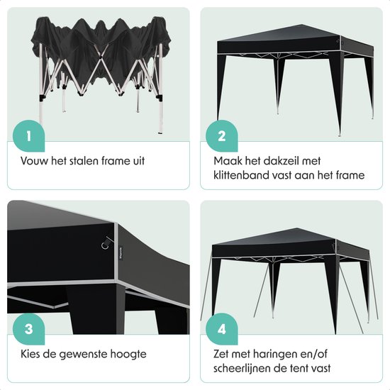 Vier stappen om een zwarte partytent op te zetten. Tekst "Vouw het stalen frame uit", "Maak het dakzeil met klittenband vast aan het frame", "Kies de gewenste hoogte", "Zet met haringen en/of scheerlijnen de tent vast".