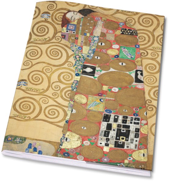 Een notitieboek met op de voorkant "De Kus" van Gustav Klimt, met gouden spiralen en een man en vrouw in versierde gewaden.