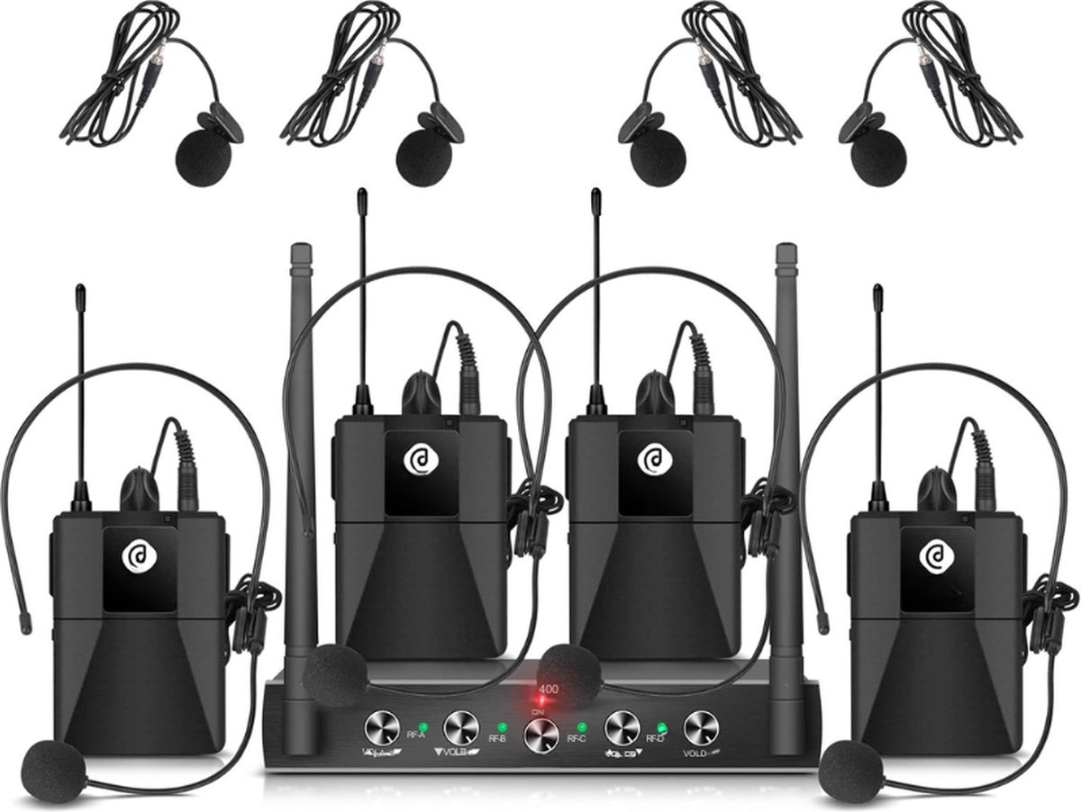 Audio Pro UHF 4 Kanaals Draadloos Microfoonsysteem Met Draadloze Lavalier Headsets Handmicrofoons Metalen Ontvanger Ideaal Voor Karaoke en Kerkfeest Met 4 Bodypacks B