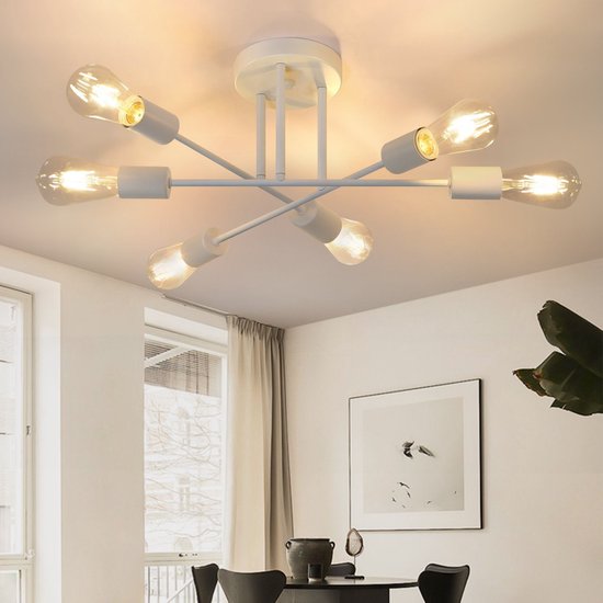 Plafonnier NETTLIFE E27 - 6 Flammes - Wit - Lampe de Salon Vintage - Lustre Lampe de Chambre (sans ampoule)