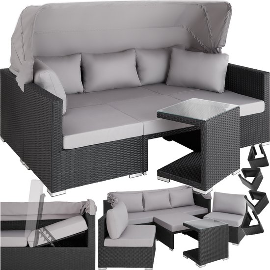 tectake® - Wicker zonneeiland zitgroep, loungemeubelset inclusief bank met zonnekap, kruk, fauteuils en tafel, tuinmeubilair, loungemeubel balkon en tuin, terrasmeubilair, weerbestendig - grijs