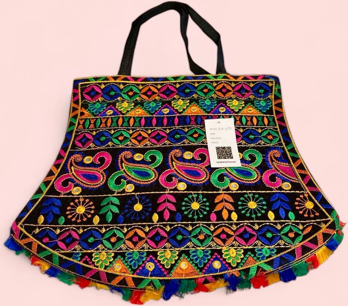 Schoudertas - Vedantan - Damestas - 35 x 40 cm - Katoen - kleurrijk borduurwerk - picknicktas - Leuke Strandtas - Klein - Schattige - Vrolijke print - Twee handvaten