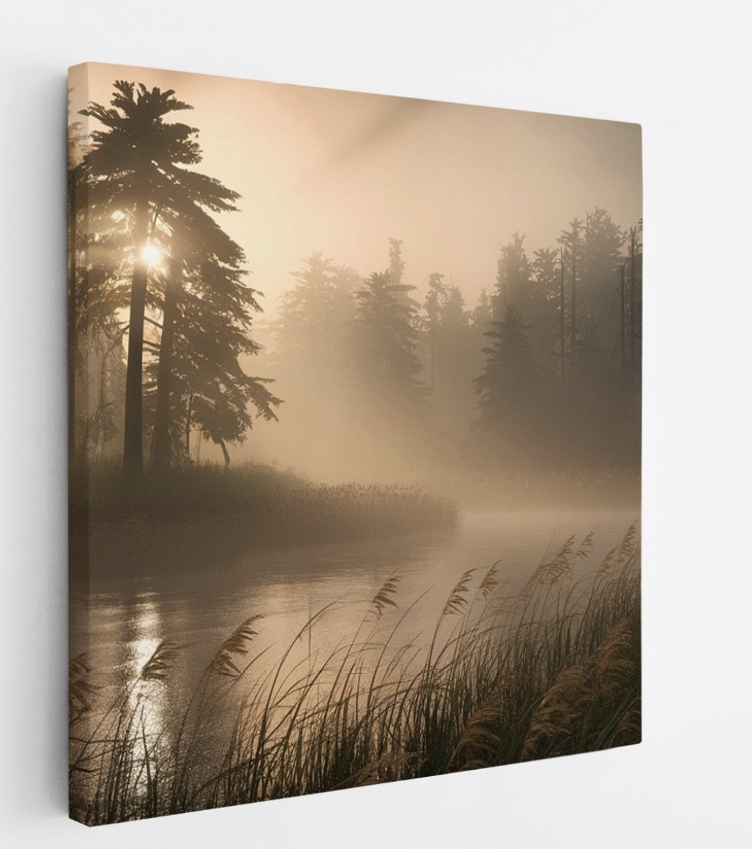 Saammp Canvas Schilderij - Water bij mistig Landschap - Natuur - 100x100 - Foto op canvas - Wanddecoratie - Muurdecoratie Woonkamer - Slaapkamer decoratie - Canvas Print Multicolor