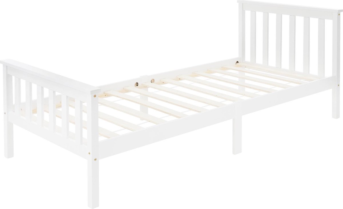 ml-design Houten Bed 90x200 cm Wit, Massief Grenen, Ledikant met Lattenbodem en Voeten, Eenpersoonsbed met Hoofdbord en Voetenbord, Bed voor Kinderen en Volwassenen, Massief Houten Bed Kinderbed