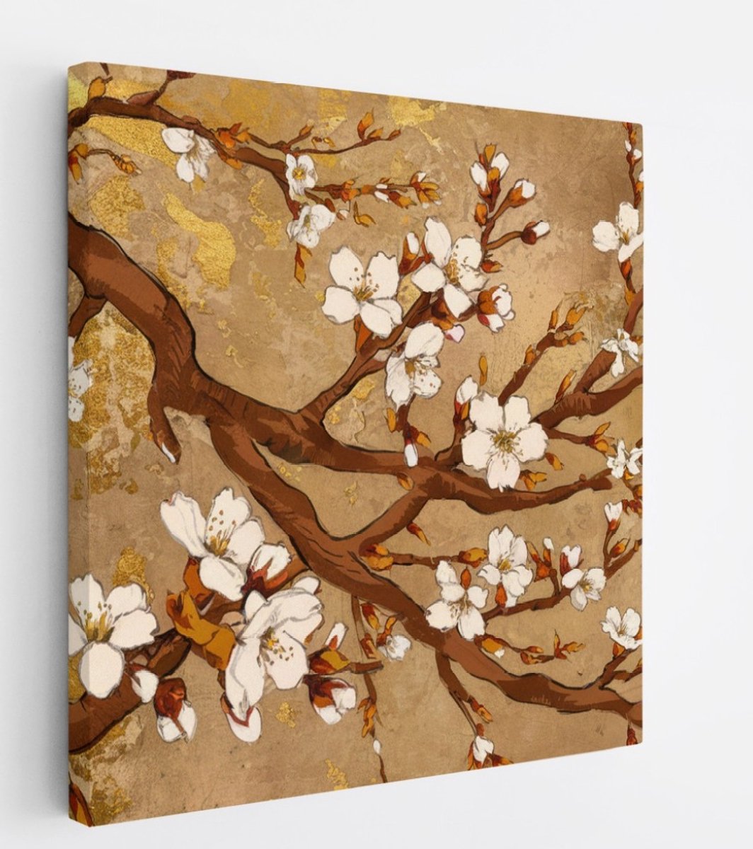 Saammp Canvas Schilderij - Witte bloessem aan tak - Beige - Bloemen - Abstract - 60x60 - Foto op canvas - Wanddecoratie - Muurdecoratie Woonkamer - Kantoor Decoratie Multicolor