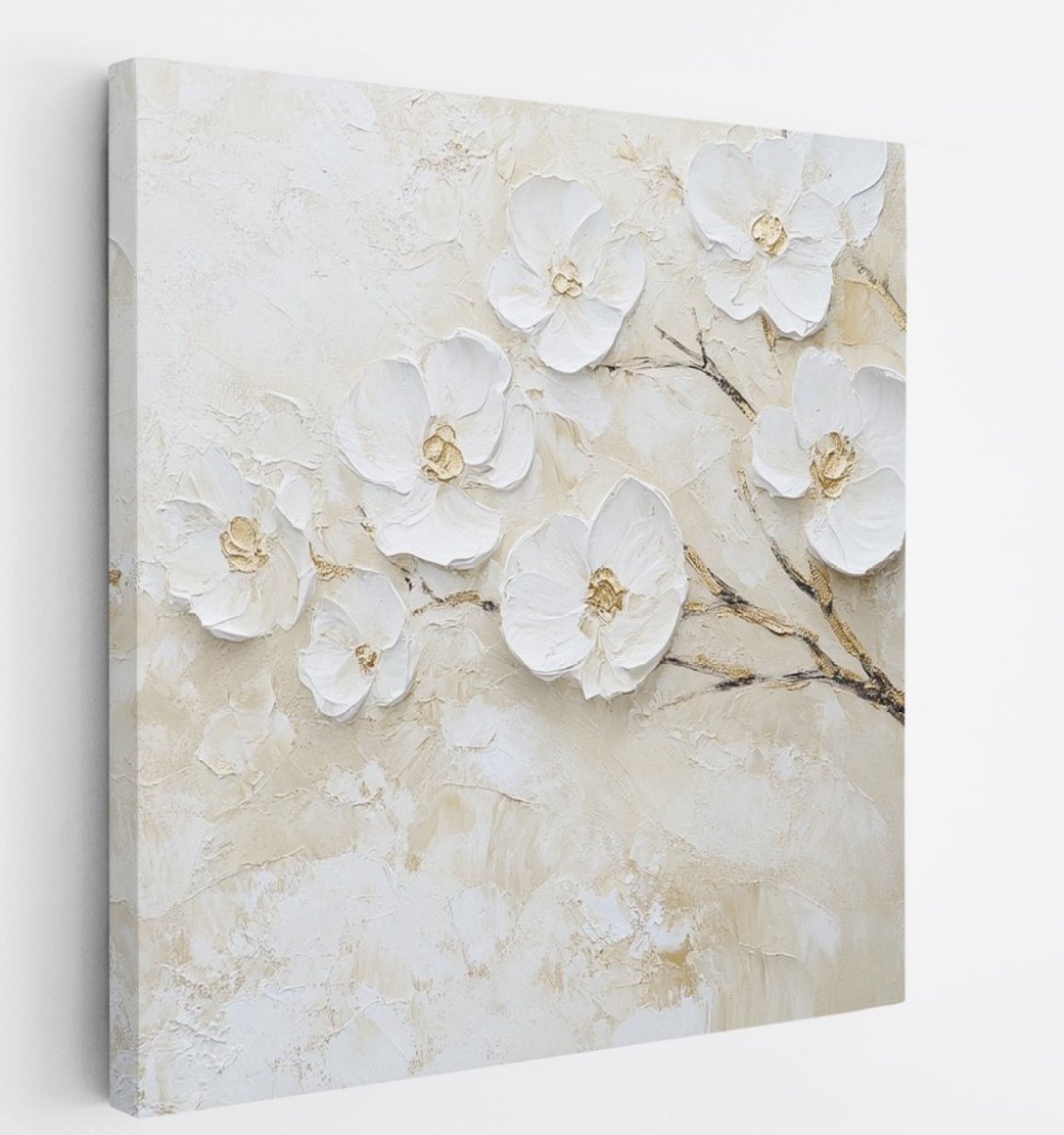 Saammp Canvas Schilderij - Witte Bloemen en Takken - Natuur - Textuur Abstract - 60x60 - Foto op canvas - Wanddecoratie - Muurdecoratie Woonkamer - Kantoor Decoratie Multicolor