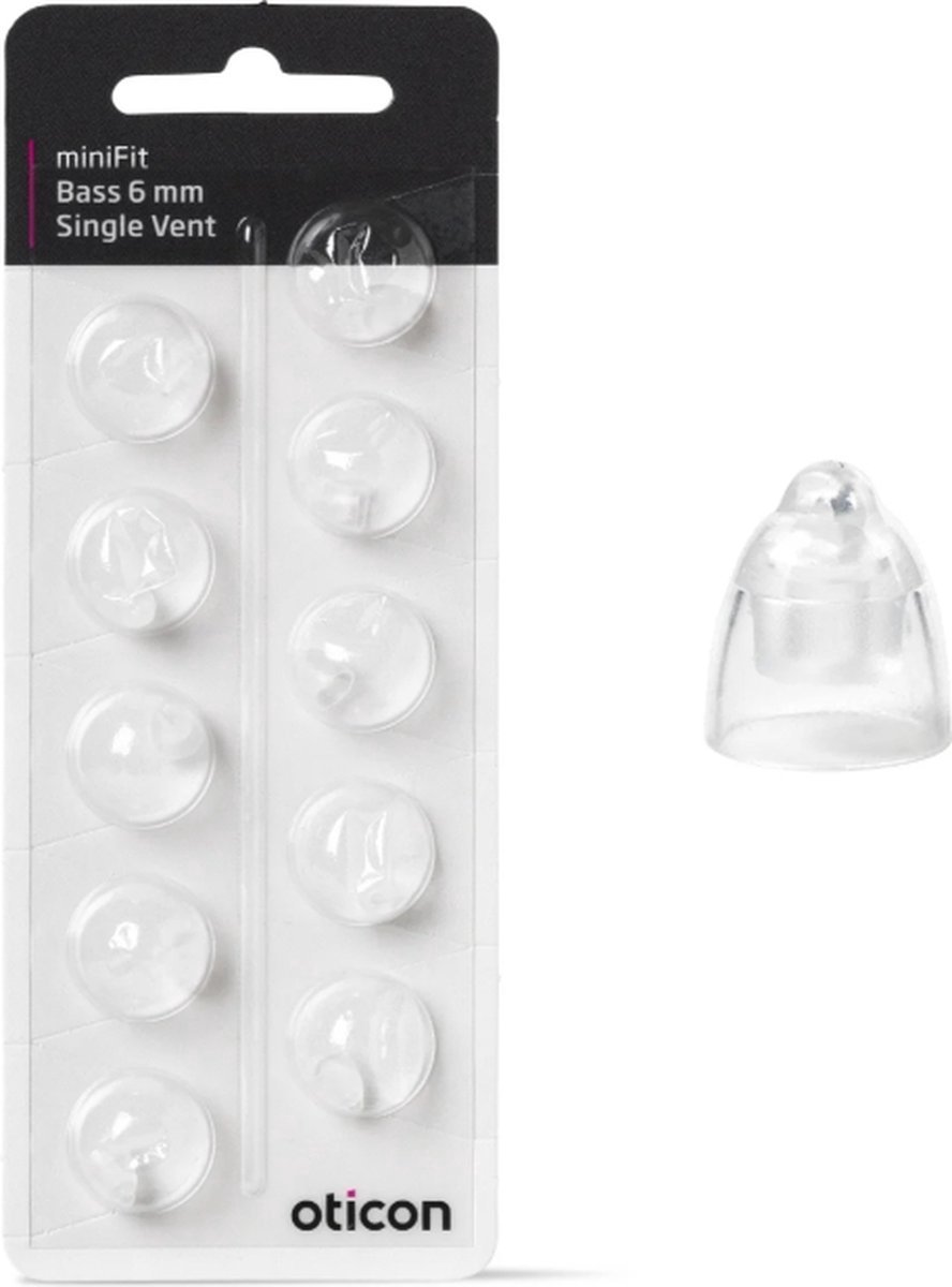 Oticon minifit BASS dome MAAT: 6 MM - SINGLE VENT. - Blister van 10 stuks - voor MiniRite luidspreker