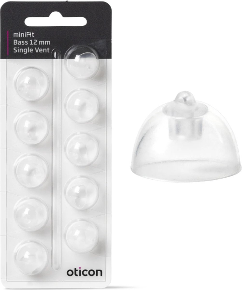 Oticon minifit BASS dome MAAT: 12 MM - SINGLE VENT. - Blister van 10 stuks - voor MiniRite luidspreker