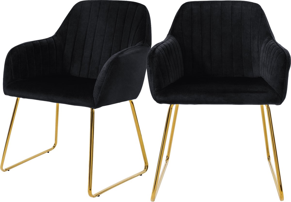 ml-design eetkamerstoelen set van 2, fluwelen zitting, zwart, woonkamerstoel met rugleuning en armleuningen, keukenstoel met gouden poten, gestoffeerde stoel met metalen frame, ergonomische armstoel