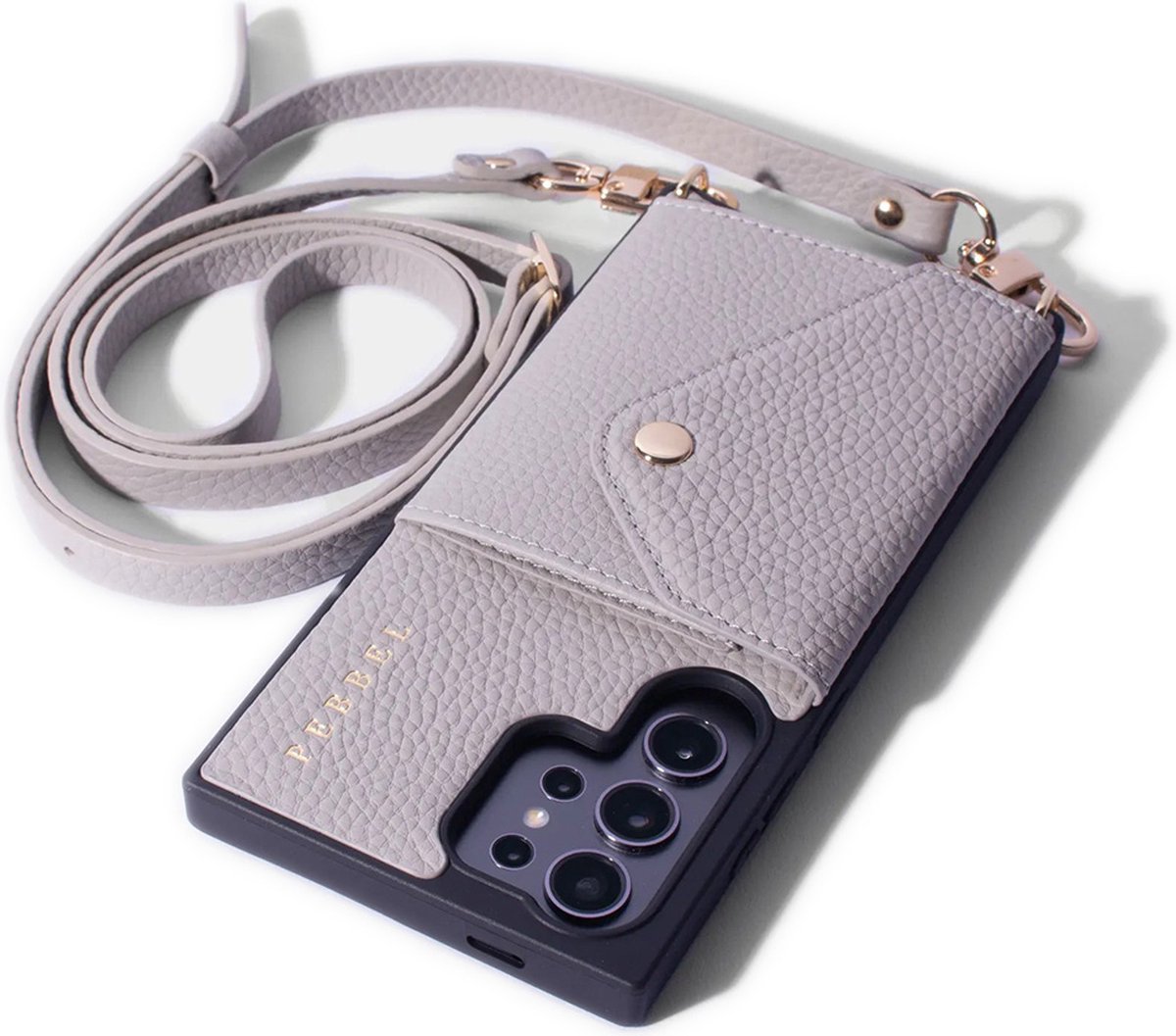 Pebbel Crossbody Hoesje Greige - Geschikt voor Samsung Galaxy S23 Ultra - Luxe Hoesje met Koord - Echt Italiaans Leer - Pasvakje