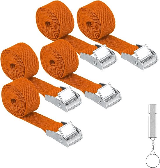 5 Stuks Spanbanden Met Ratel – 25mm X 1,5m, Oranje, Voor Fietsdrager En Bagage, Plus Survivalfluitje