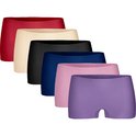 Stapel van 6 midi shorts in kleuren rood, beige, zwart, donkerblauw, roze en paars.
