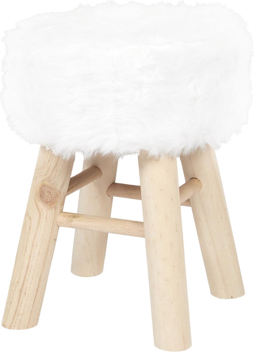 Pluche Krukje ø28 x 40 cm – Wit Krukje met Kunstbont Zitting & Houten Poten – Decoratieve Poef - Zithocker voor Slaapkamer of Woonkamer - Houten Kruk - Wit