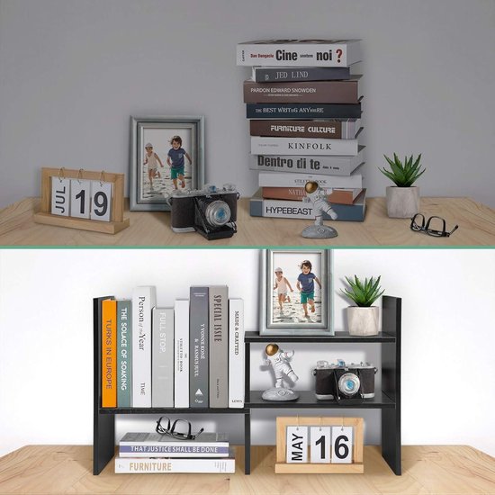 Mensola Da Scrivania Regolabile In Legno Nero - Organizer A Impilare Per Libri E Accessori Ufficio