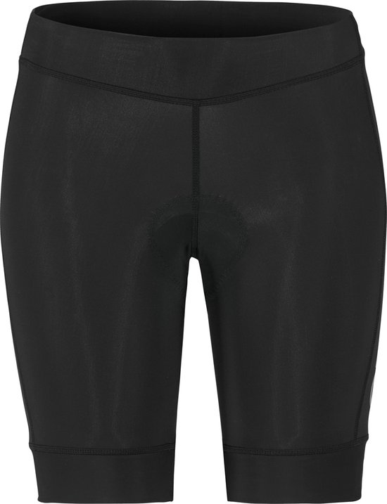 Zwarte fietsbroek met gepolsterd kruis en logo op de zijkant.