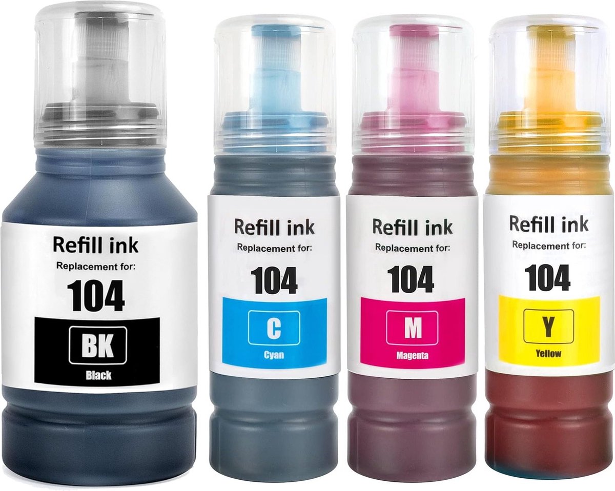 XL Inkt flessen (4X) geschikt voor Epson EcoTank ET-2700, ET-2720, ET-2810, ET-2814, ET-2825 & ET-4700 (T104 / 104XL)