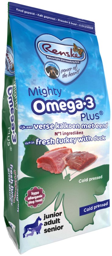 Renske Mighty Omega-3 Plus Geperst Hondenvoer Kalkoen - Eend - 4 x 3 kg - Voordeelverpakking