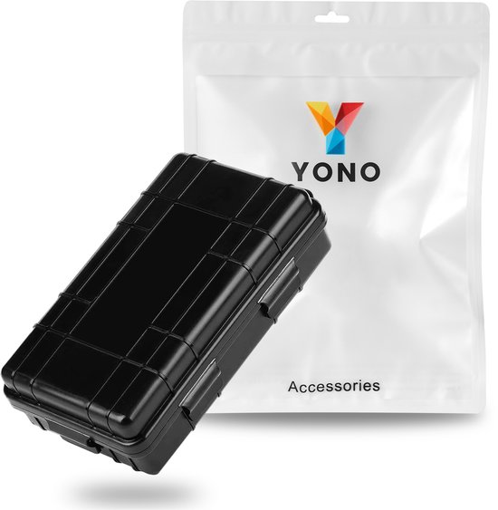 Zwarte, waterdichte YONO survival kit opbergdoos naast een witte zak met logo.