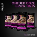 Vier Syoss Brow Tint verpakkingen: Light Brown, Dark Blonde, Black, Dark Brown. Close-ups van wenkbrauwen.
