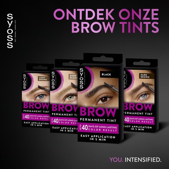 Vier Syoss Brow Tint verpakkingen: Light Brown, Dark Blonde, Black, Dark Brown. Close-ups van wenkbrauwen.
