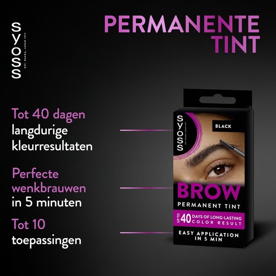Syoss Brow Permanent Tint Zwart verpakking. Promotes: tot 40 dagen kleur, 5 min applicatie, 10 toepassingen.