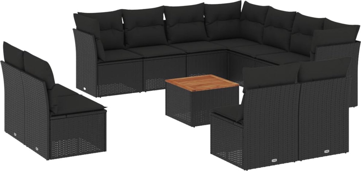 The Living Store 12-delige Loungeset met kussens poly rattan zwart - Loungeset - Lounge Set - Buitendecoratie - Tuinmeubels - Pe Rattan