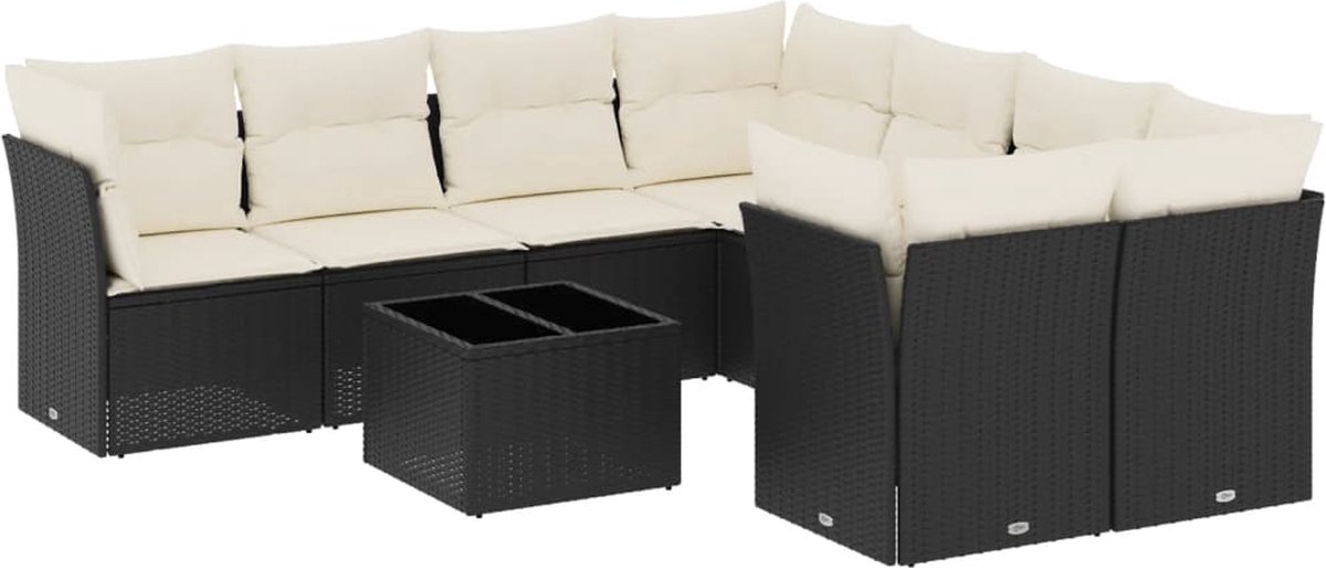 The Living Store 9-delige Loungeset met kussens poly rattan zwart - Loungeset - Tuinbank - Buitendecoratie - Lounge Set - Tuinmeubels