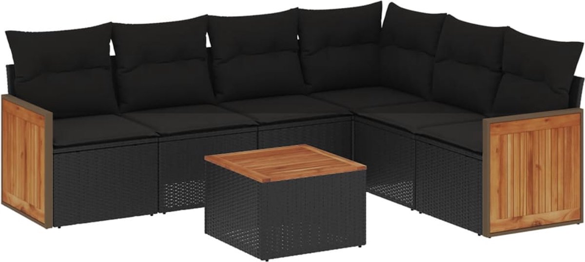 Zwarte poly rattan loungeset met kussens voor buiten - The Living Store.