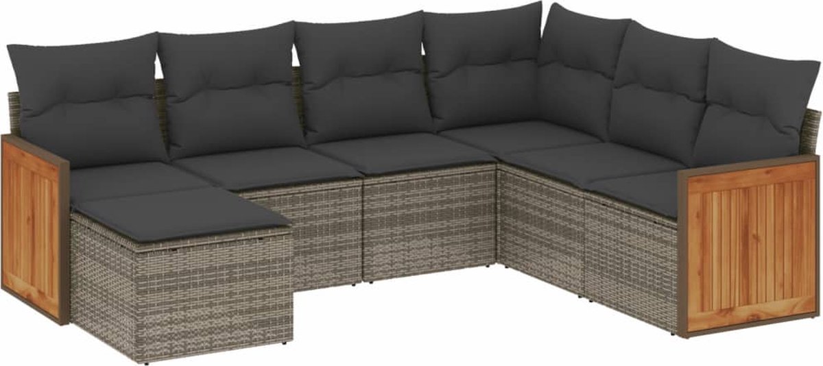 The Living Store 7-delige Loungeset met kussens poly rattan grijs - Lounge Set - Tuinmeubels - Loungehoek - Outdoor Furniture - Pe Rattan