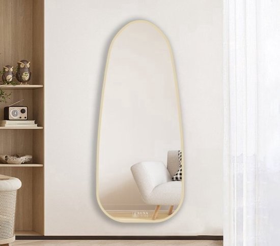 Luxaliving Miroir pleine longueur - Miroir mural Design - Ovale - Or - Métal - Verre de sécurité - Miroir pleine longueur 150x55cm - Miroir mural avec crochets - Miroir chambre - Miroir suspendu - Miroir mural