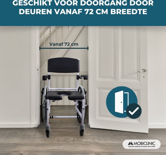 Rolstoel past door deuren vanaf 72 cm breedte. Zwart zitting, wit frame.