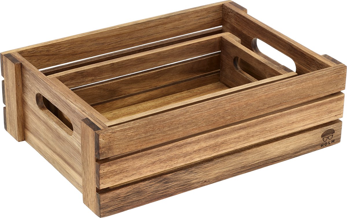 HOLM Kassenset – Houten Opbergkisten voor Kruiden, Olie & Servetten – Acaciahout – FSC Gecertificeerd – 32 x 23 x 10 cm, 26 x 14 x 7 cm – Hout – 2 stuks