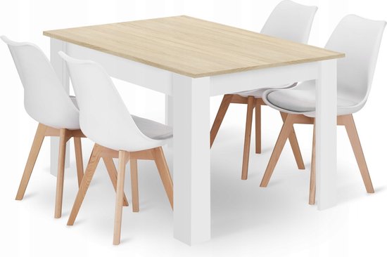 Eettafelset NP 120x80 Eiken Sonoma Kleur met Witte Poten + 4 Stoelen MARK Wit met Beukenhouten Poten, Modern Design, Geschikt voor Keuken, Eetkamer en Woonkamer