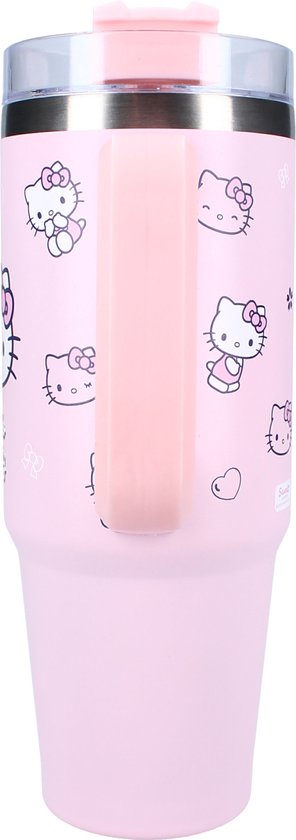 Roze beker met handvat. Een patroon van Hello Kitty gezichtjes en figuurtjes. Zichtbaar is een tekst "Sanrio Hello Kitty".
