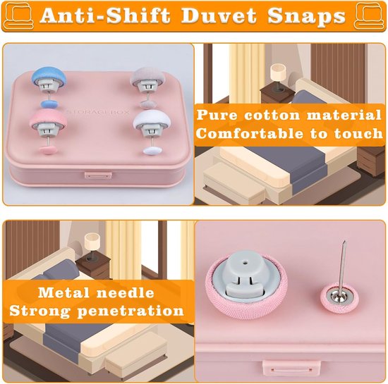 Anti-shift dekbedclips in roze opbergdoos. Puur katoen materiaal, comfortabel aanvoelend. Metalen naald, sterke penetratie.