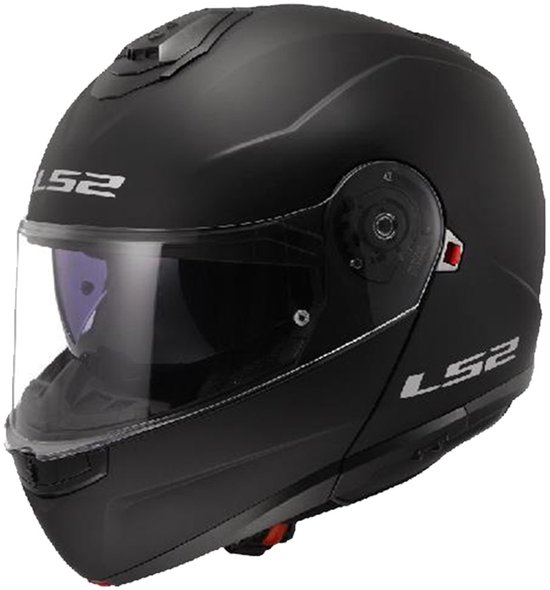 Casque LS2 noir mat avec visière fermée, vue latérale.