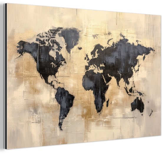 Tableau aluminium 180x120 cm - Décoration murale métal - Wereldkaart - Or - Zwart - Abstrait - Décoration murale métal salon - Décoration industrielle - Photo sur dibond - Accessoires industriels chambre