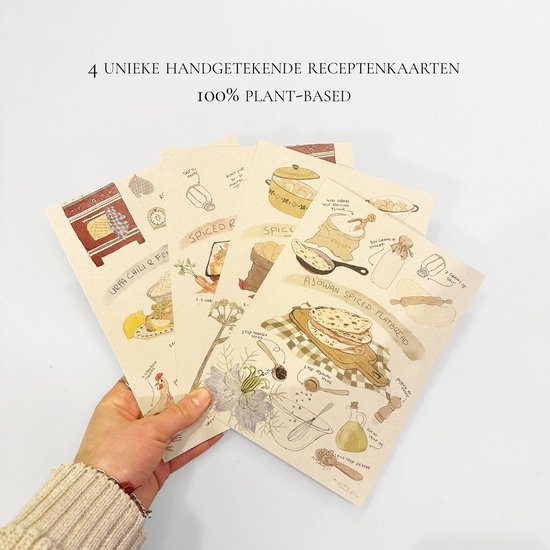 Hand wordt vastgehouden met vier receptkaarten met tekeningen van gerechten en ingrediënten.