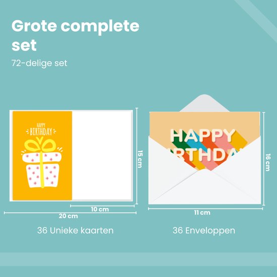 Afmetingen van de set: 36 kaarten van 10x15 cm en 36 enveloppen van 11x16 cm. Kaart toont een geel cadeau met strik.