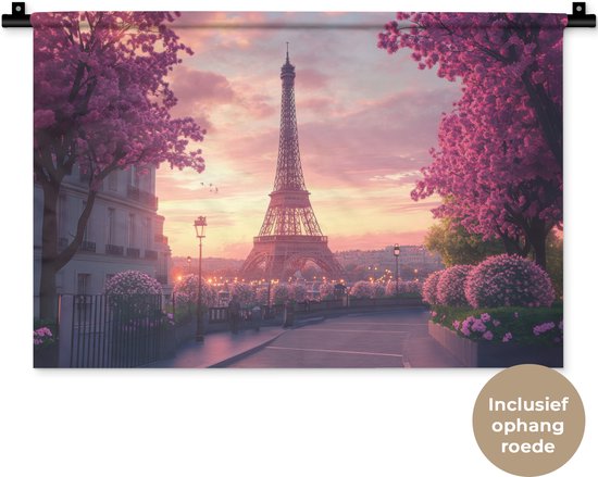 Wandkleed 60x40 cm - Wanddoek Eiffeltoren - Parijs - Roze - Wandtapijt - Wandkleden