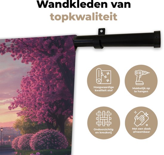 Wandkleed 60x40 cm - Wanddoek Eiffeltoren - Parijs - Roze - Wandtapijt - Wandkleden