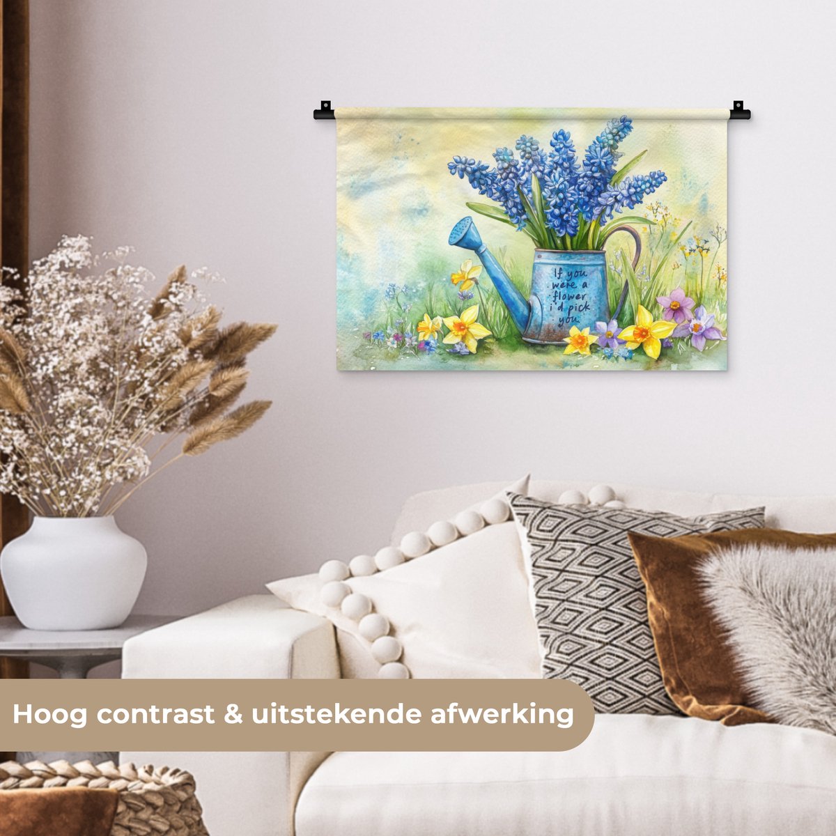 Wandkleed 60x40 cm - Wanddoek Lavendelbloemen - Quote - Gieter - Wandtapijt - Wandkleden