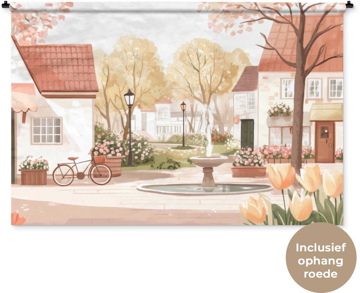 Wandkleed 180x120 cm - Wanddoek Dorpsplein - Fontein - Tulpen - Wandtapijt - Wandkleden